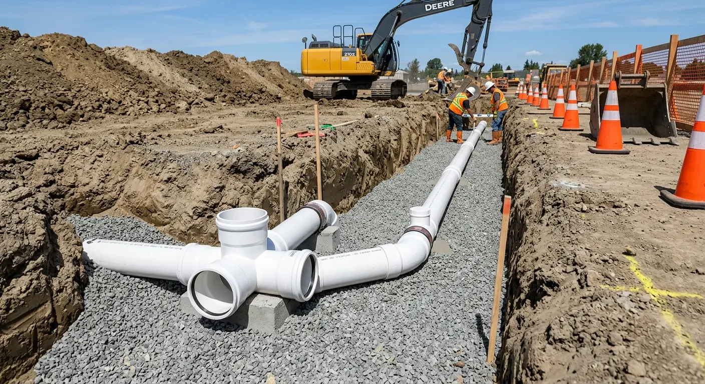 New PVC sewer pipe installation in open trench for Sewer Backup in Midway