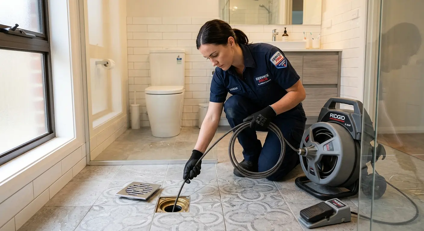 Technician clearing a bathroom floor drain for Sewer Line Replacement in Midway